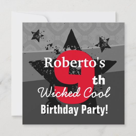 子供の第9誕生日の木炭赤くグランジなC9SA 招待状 (正面)