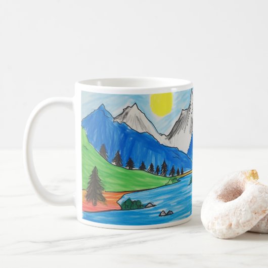 子供の簡単な山と川の絵 コーヒーマグカップ (ドーナツ)