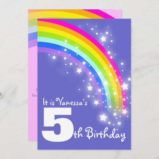 子供の紫色のピンクの虹の第5誕生日の招待 招待状 (正面/裏面)
