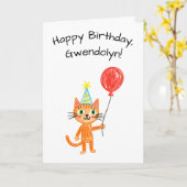 子供の絵のようなオレンジ色の猫の誕生日 カード (黄色い花)