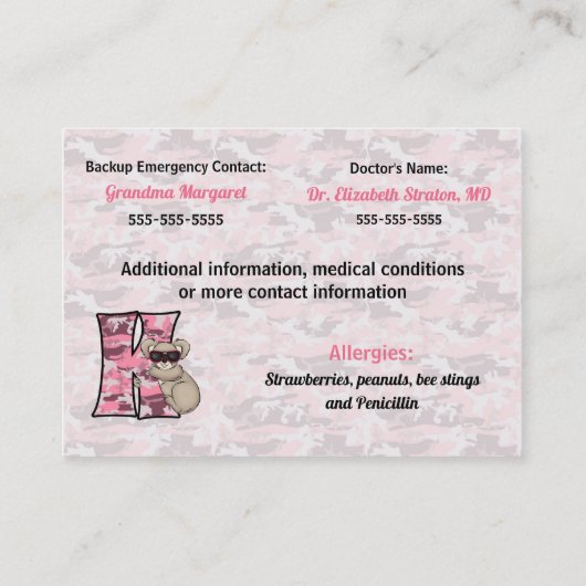 子供の緊急情報カードモノグラムK コーリングカード (裏面)