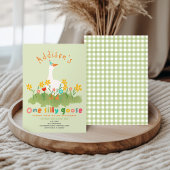 子供の花の緑のワンピースのシリ―なガチョウの1歳の誕生日 招待状