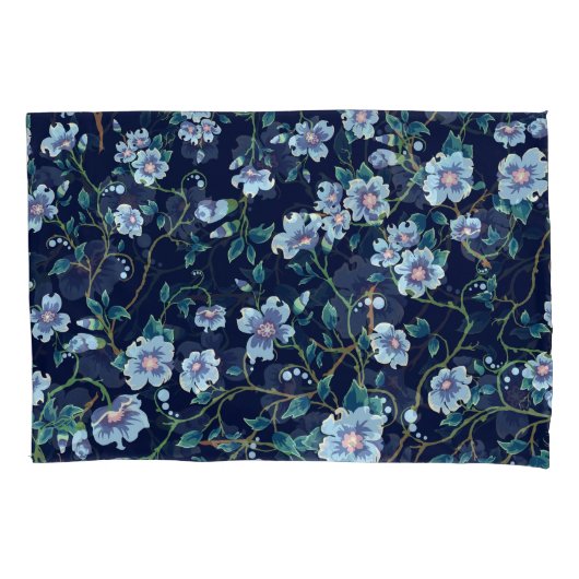 子供の花:シームレスなダークブルー 枕カバー (正面)