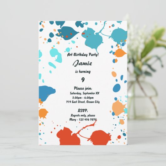 子供の芸術をテーマにした9歳の誕生日パーティーの招待状 招待状 (スタンド正面)