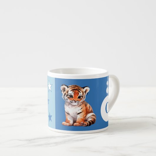 子供の虎の名前パーソナライズされた青 エスプレッソカップ (正面右)