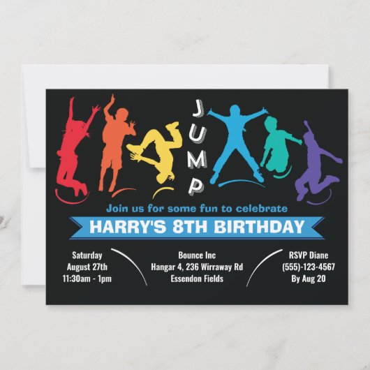 子供の虹のジャンプトランポリンの誕生日パーティー 招待状 (正面)
