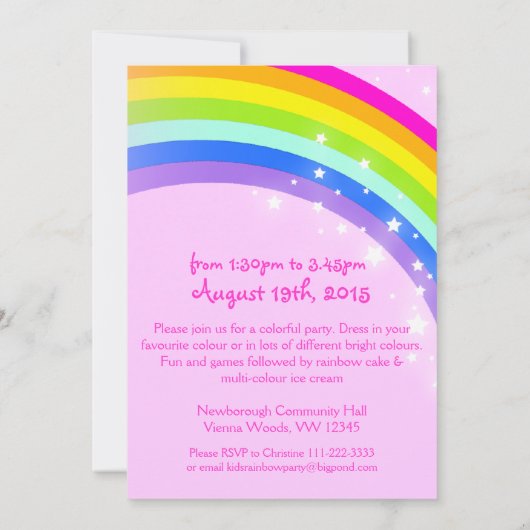 子供の虹の第5誕生日のピンクの誕生日の招待 招待状 (裏面)