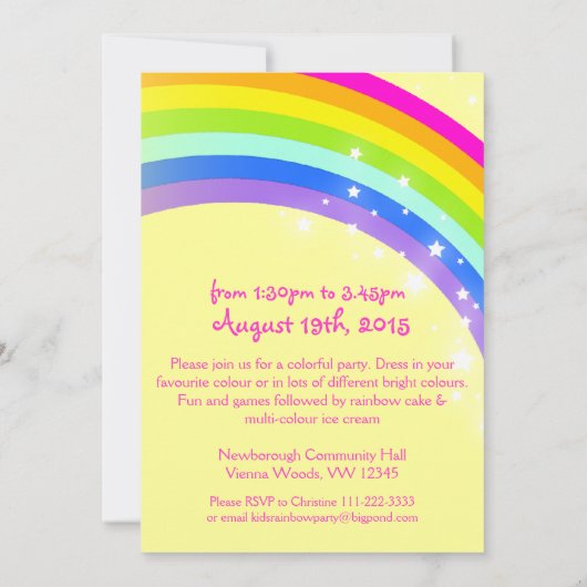 子供の虹の第6誕生日の黄色い誕生日の招待 招待状 (裏面)