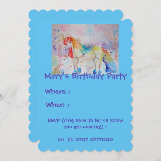 子供の虹色ユニコーンの誕生日招待状 招待状 (正面/裏面)