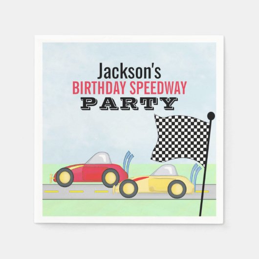 子供の誕生日かわいい男の子マンガのレーシングカー スタンダードカクテルナプキン (正面)