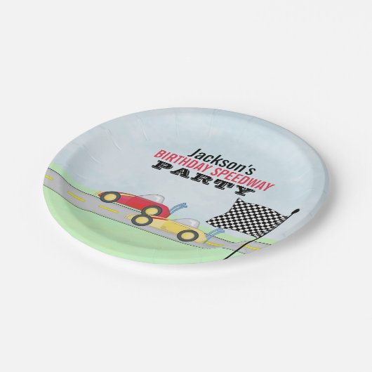 子供の誕生日かわいい男の子マンガのレーシングカー ペーパープレート (アングル)