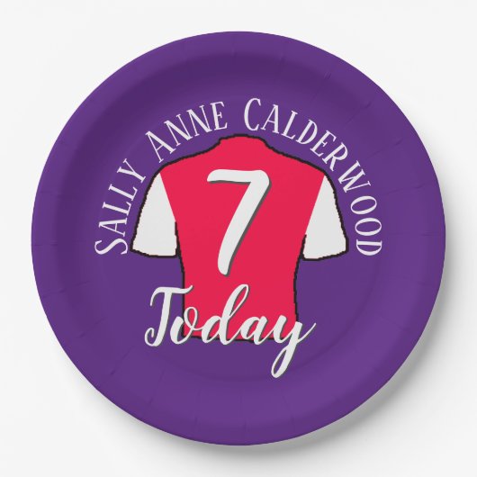 子供の誕生日のサッカーシャツをパーソナライズ ペーパープレート (正面)