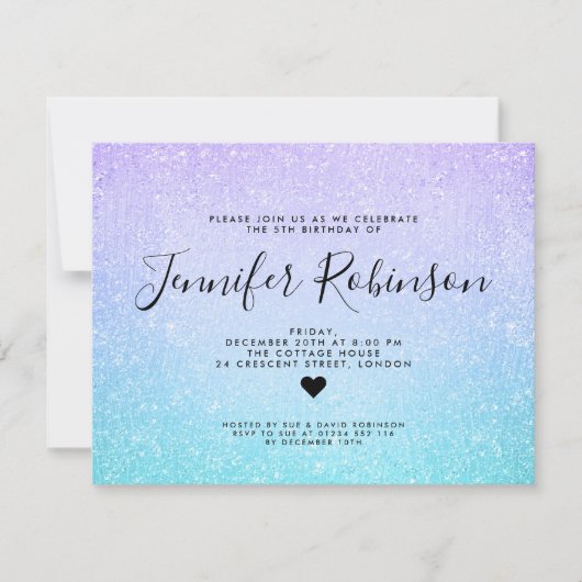 子供の誕生日のターコイズの紫色のグリッターのペンキ 招待状 (正面)