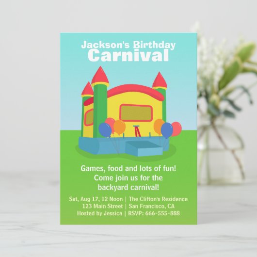 子供の誕生日のパーティー-幸せな裏庭のカーニバル 招待状 (スタンド正面)