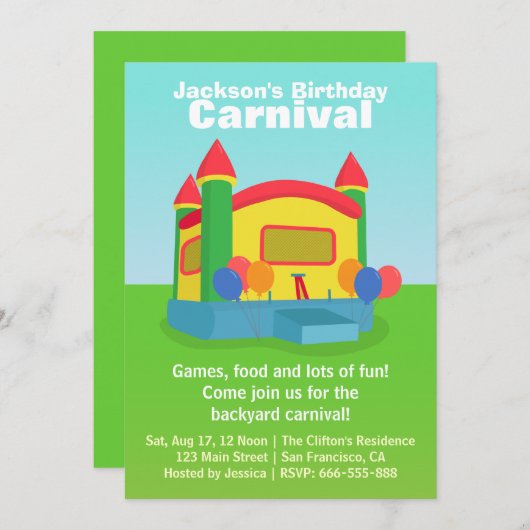 子供の誕生日のパーティー-幸せな裏庭のカーニバル 招待状 (正面/裏面)