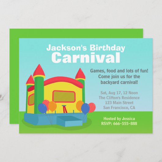 子供の誕生日のパーティー-幸せな裏庭のカーニバル 招待状 (正面/裏面)