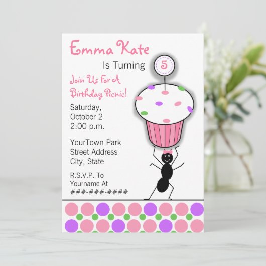 子供の誕生日のピクニックパーティー-蟻及びカップケーキ 招待状 (スタンド正面)