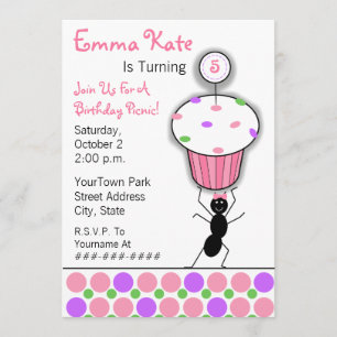 子供の誕生日のピクニックパーティー-蟻及びカップケーキ 招待状