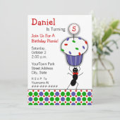 子供の誕生日のピクニックパーティー-蟻及びカップケーキ 招待状 (スタンド正面)