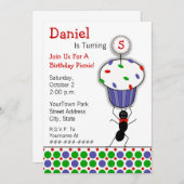 子供の誕生日のピクニックパーティー-蟻及びカップケーキ 招待状 (正面/裏面)