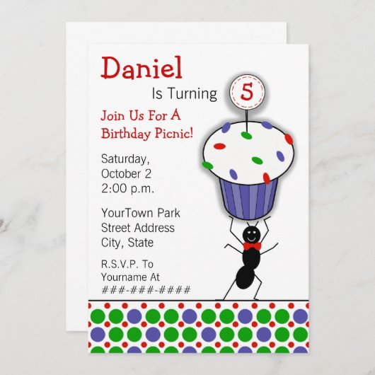 子供の誕生日のピクニックパーティー-蟻及びカップケーキ 招待状 (正面/裏面)