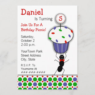 子供の誕生日のピクニックパーティー-蟻及びカップケーキ 招待状