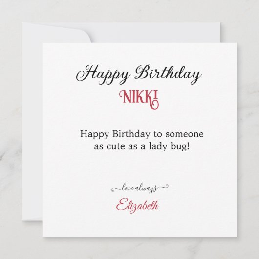 子供の誕生日の上にレディーバグを載せたケーキ カード (裏面)