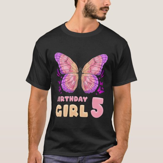 子供の誕生日の女の子5歳、ピンクの蝶バット Tシャツ (正面)
