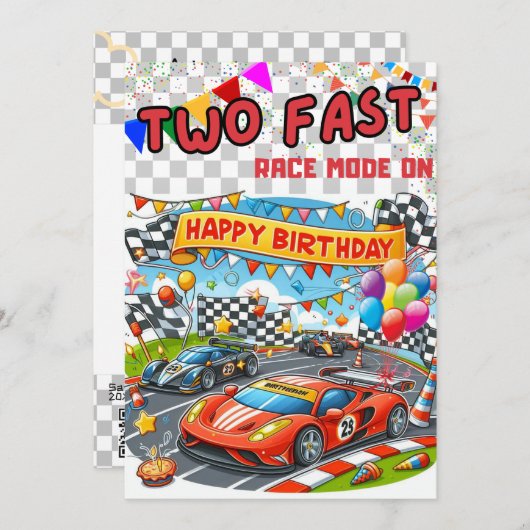 子供の誕生日への招待： 2高速、カーレース、QR 招待状 (正面/裏面)