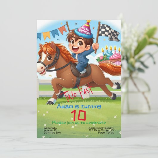 子供の誕生日への招待: 2高速、馬、QR 招待状 (スタンド正面)