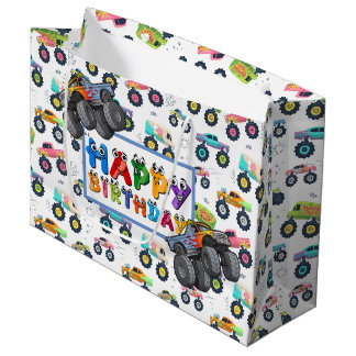 子供の誕生日を祝う大きなホイールの車とトラック ラージペーパーバッグ