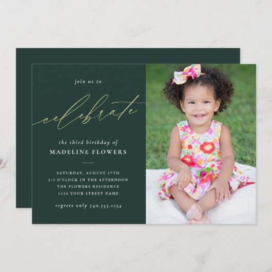 子供の誕生日エレガントセージグリーンフォト 招待状 (正面/裏面)