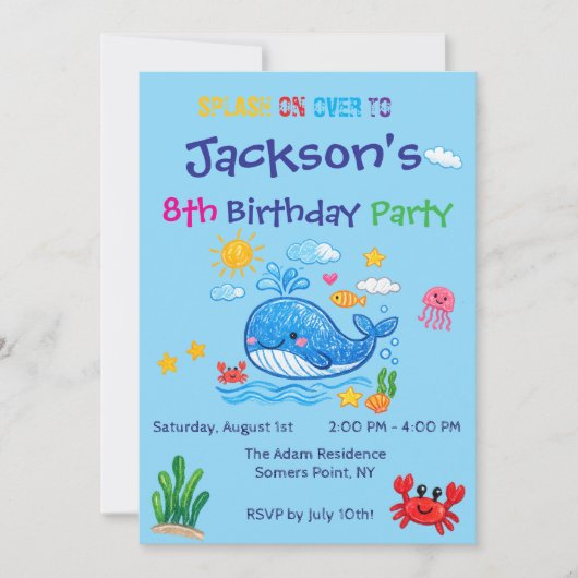 子供の誕生日クジラテーマサマー招待状カード 招待状 (正面)