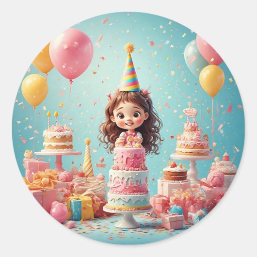 🎉子供の誕生日ケーキのお祝いハッピーパーティー🎂 ラウンドシール (正面)