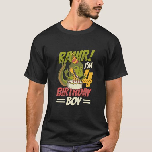 子供の誕生日トレックス恐竜4thバースデーボーイ4th B Tシャツ (正面)