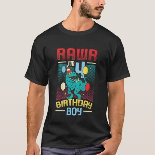 子供の誕生日トレックス恐竜4thバースデーボーイ4th B Tシャツ (正面)