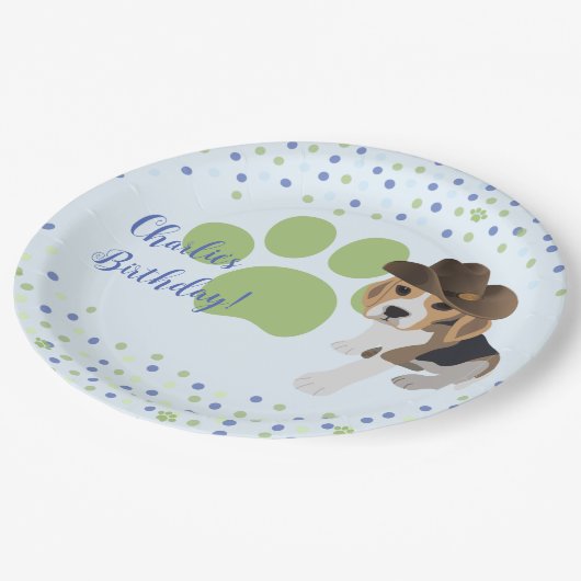 子供の誕生日パピードッグハットグリーンポープリントパーティー ペーパープレート (アングル)