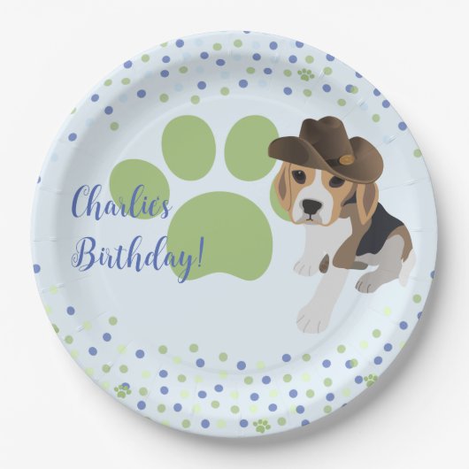 子供の誕生日パピードッグハットグリーンポープリントパーティー ペーパープレート (正面)