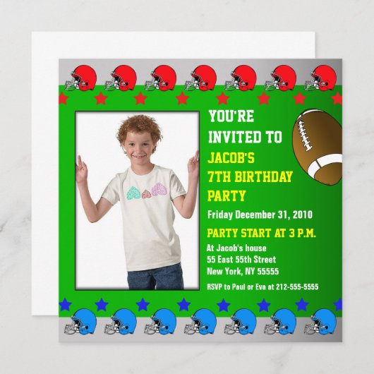 子供の誕生日パーティの招待状追加フォトフットボール 招待状 (正面/裏面)