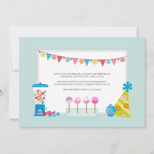 子供の誕生日パーティの招待状{キャンディビュッフェ} 招待状 (正面)