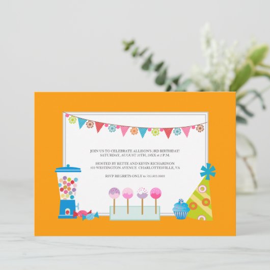 子供の誕生日パーティの招待状{キャンディビュッフェ} 招待状 (スタンド正面)