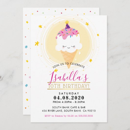 子供の誕生日パーティーかわいいアイスクリームコーンイエロー 招待状 (正面/裏面)