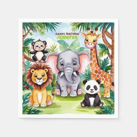 子供の誕生日パーティーかわいい動物サファリジャングル スタンダードカクテルナプキン (正面)
