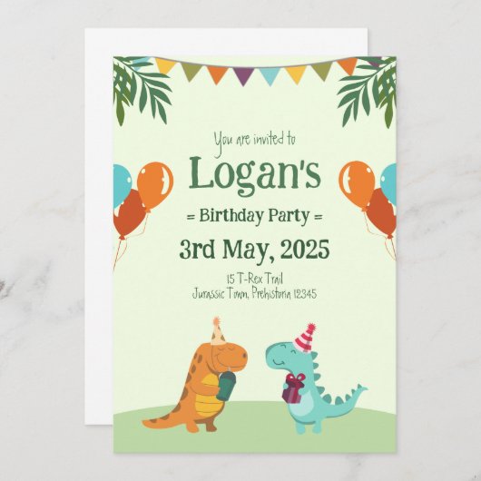 子供の誕生日パーティーに最適!オーダーメイドの恐竜 招待状 (正面/裏面)