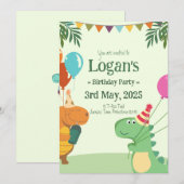 子供の誕生日パーティーに最適！オーダーメイドの恐竜 招待状 (正面/裏面)