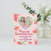 子供の誕生日パーティーの招待状（女の子）スイカ ポストカード (スタンド正面)