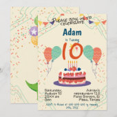 子供の誕生日パーティーの招待状：風船、紙吹雪 招待状 (正面/裏面)