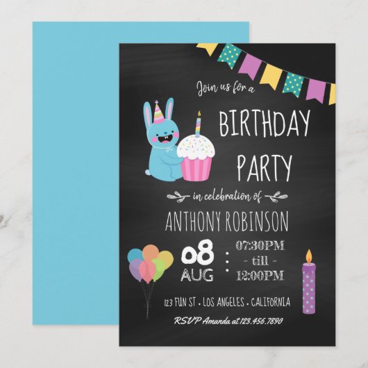 子供の誕生日パーティーの黒板招待状 招待状 (正面/裏面)