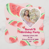 子供の誕生日パーティーへの招待（女の子）スイカ 招待状 (正面/裏面)