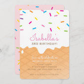 子供の誕生日パーティーアイスクリームコーンピンクの散水 招待状 (正面/裏面)